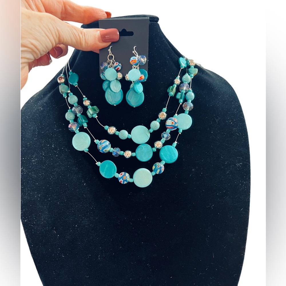 Turquoise & Sterling Silver Beaded Necklace w/Crystals & Hand-Painted Beads NWOT